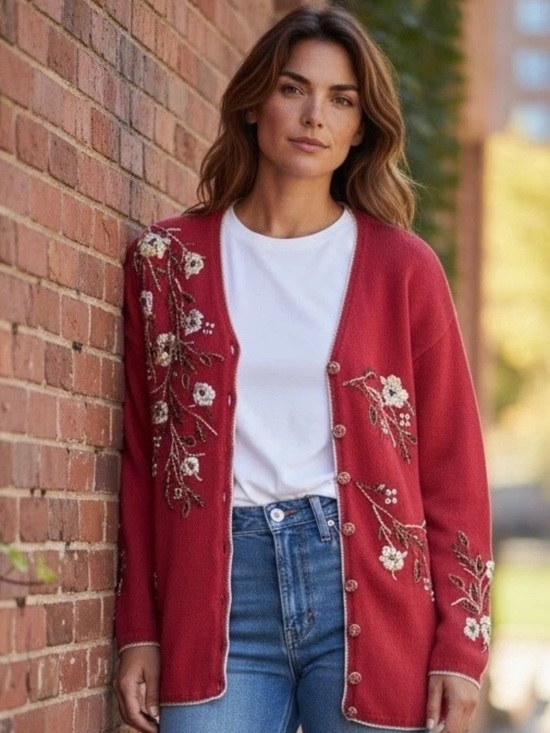 Carolina Colours Sweaters - Vintage Carolina Colours Cardigan Sweater Small Red Embroidered